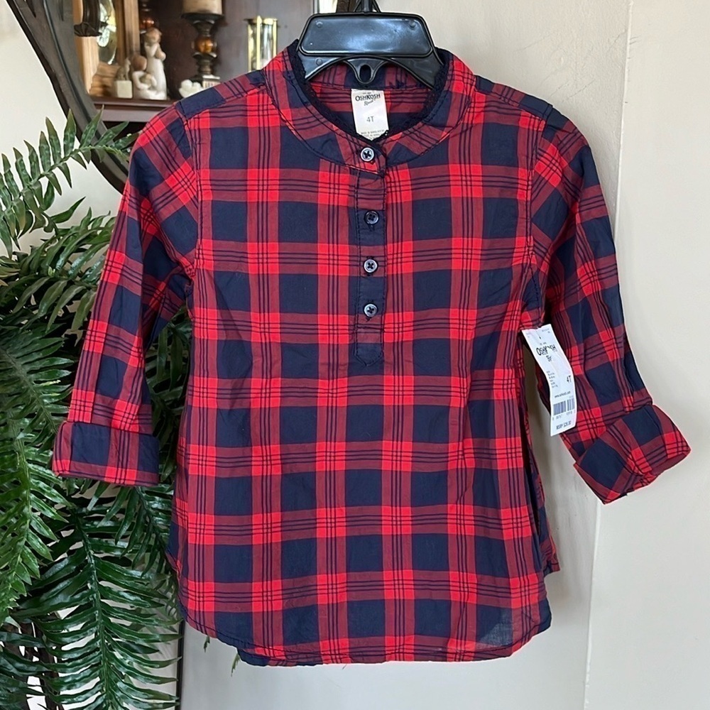Brand New OshKosh B’Gosh Red & Navy Blue Plaid Shirt Button Up Cotton Blouse